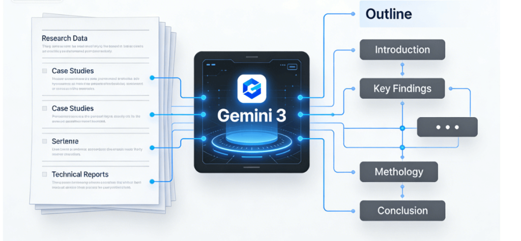 diagram of Gemini 3 synthesizing a large document into a concise outline (1)